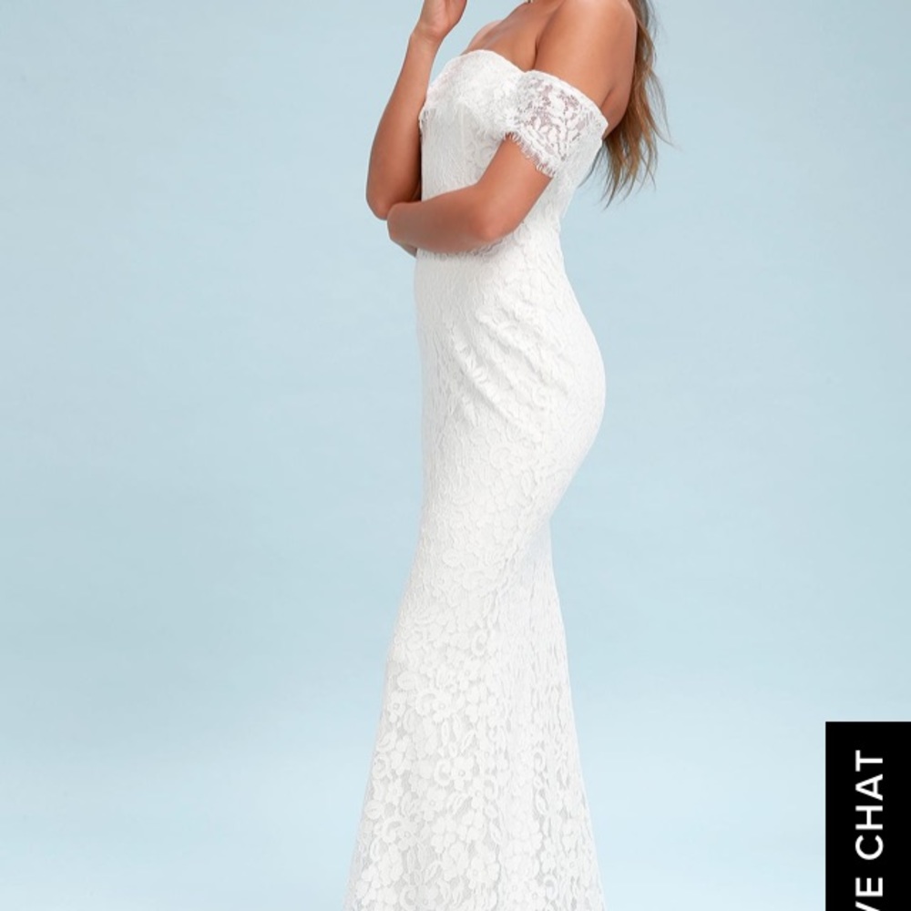 White lace dress •• off the shoulder maxi